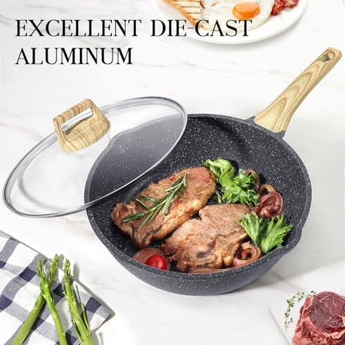 GiPP Nonstick Deep Frying Pan - 24cm Saute Pan with Lid Granite Induction Cookware, Non Stick Woking Pan Skillet, Dishwasher Safe, PFOA PFOS APEO Free (Gray)