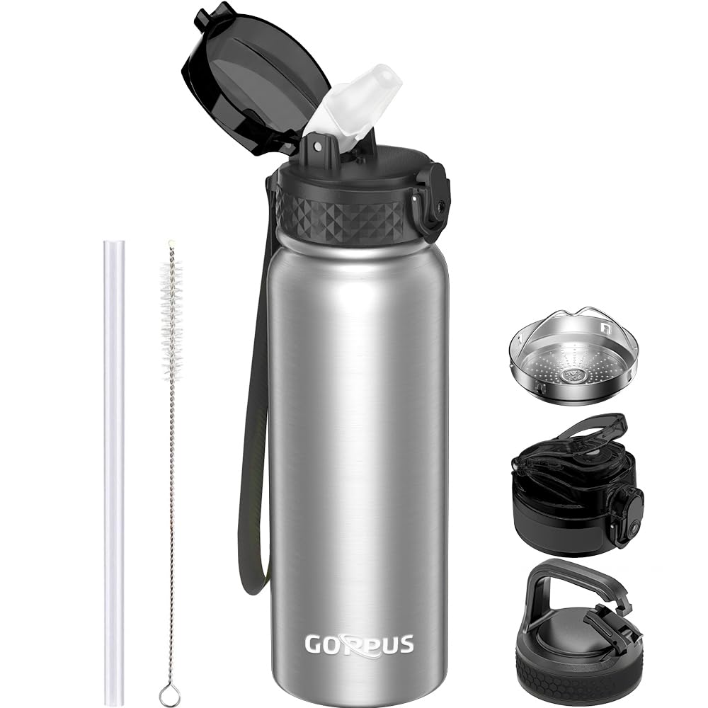 GOPPUS 600ml/20oz Stainless Water Bottle with Straw Double Wall Insulated Bottles with Strap One Hand Open Vacuum Thermal Flask Leakproof Keep Cold Bottles with Flip Top Lid BPA Free (Steel)