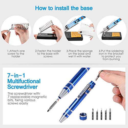 Soldering Iron Kit, 80W Digital LCD Soldering Iron with Solder Tips/Sucker/Wire, Wire Cutter, Screwdrivers, Voltage Tester, Tweezers, Brass Coil Ball, Stand, PU Bag, Fast Heating Thermostatic Design