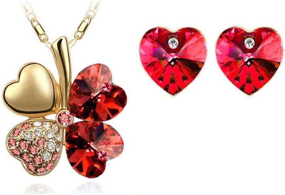 ZIZI Love Heart Lucky Four Leaf Clover ~ Necklace & Heart Earring Set ~ 18K White Gold Plated Gift Box (Gold * Ruby Red)
