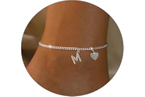 Sewyer Dainty Silver Initial Anklets for Women 14K Plated Sparkle Ankle Bracelets Simple Personalized Letter Anklet CZ Heart Cuban Chain Everyday Summer Jewelry Gift for Her