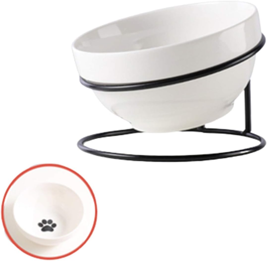 TRUNDISAN Raised Cat Food Bowls,Ceramic,Single Feeding Bowl, Elevated Cat Bowl Tilted Feeding Dishes for Indoor Cats or Dogs,11 oz,with Black Metal Stand,Stress Free,Non Slip,Dishwasher Safe