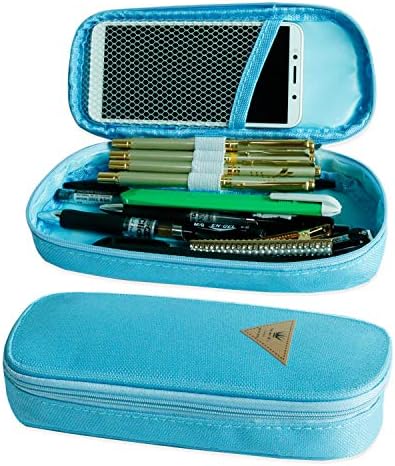 Shinewings Pencil Pouch, Big Capacity Canvas Pencil Pouch Stationery Organizer Multifunction Cosmetic Makeup Bag, Cotton Linen Pencil Case for Boys and Girls - 0.64*0.29*0.14 feet (Blue)