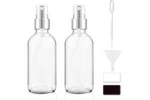 Tecohouse Glass Spray Bottles 4 oz, Small Clear Spray Bottle for Hair Empty Refillable Sprayer Container with Silver Top, Labels, Funnel, Lids, Pipettes Travel Pocket Size 2 Pack