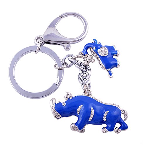 Feng Shui Blue Rhinoceros and Elephant Protection KeyChain Charm Amulet Handbag Hanging W1041