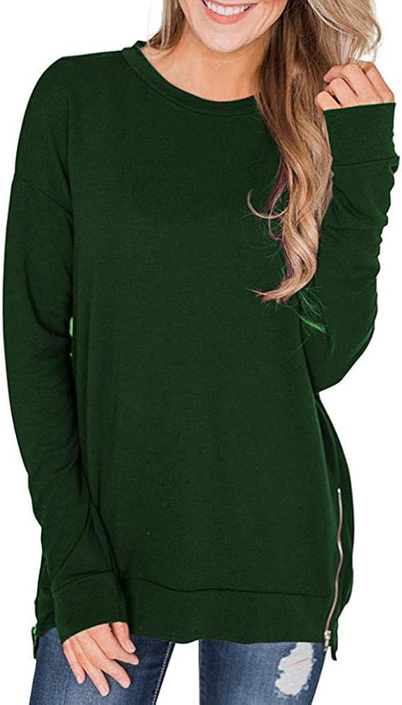 パーカートレーナーレディースブラウス 秋冬プルオーバー 長袖 無地 ラウンドネック サイドジッパートップス チュニックアウターウェア トレーナー パーカー 通販 Amazon