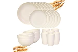 24 Piece Wheat Straw Dinnerware Sets of 6, Reusable Plates and Bowls, Unbreakable Outdoor Camping Dishes,Microwave Dishwasher