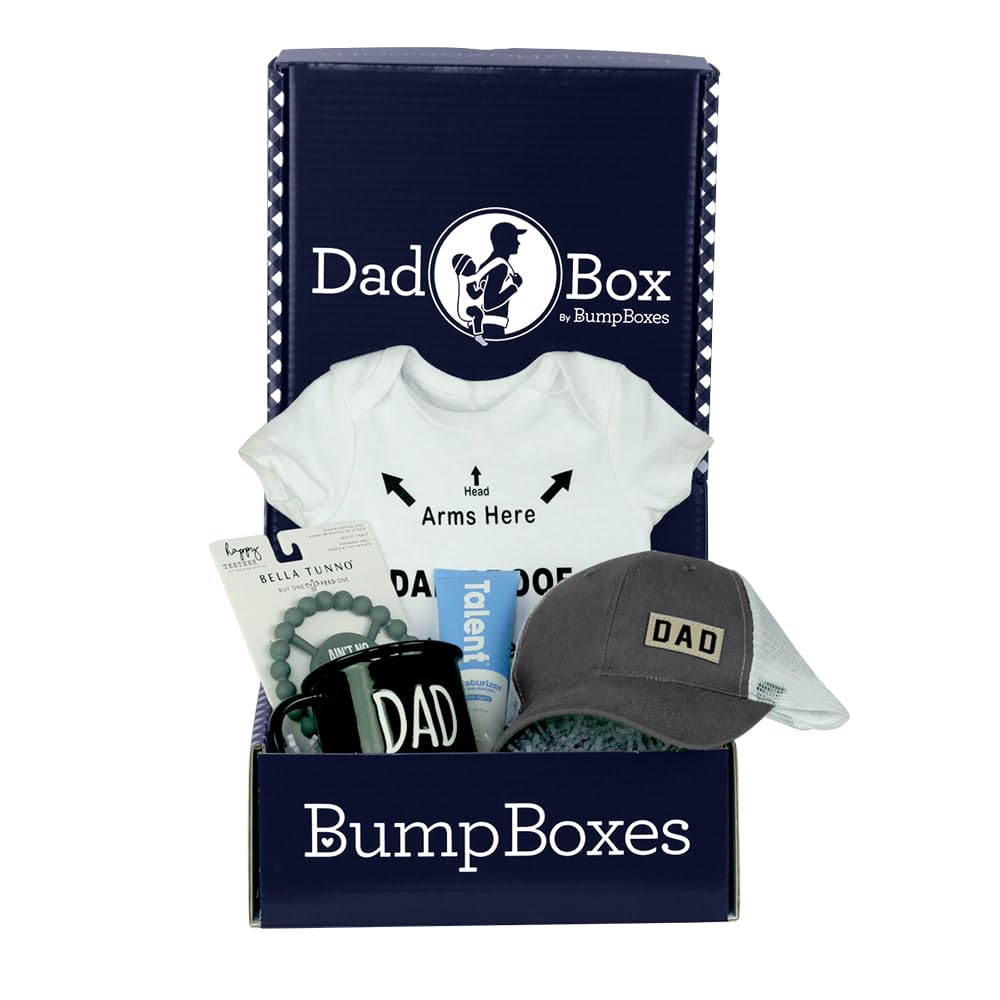Bump Boxes, First Time Father’s Day Box with Mug, Hat, Teether, Onesie and Balm, Unique Kit for Expecting Fathers, New Dad Gifts for Men
