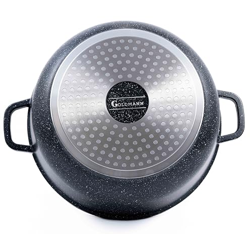 GOLDMANN Cast Aluminium Saucepan 24 cm - 4.5 L Non-Stick Ceramic Marble Look Glass Lid Induction Suitable for All Hobs Oven Safe and PFOA Free