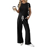 Fisoew Women 2 Piece Lounge Sets 2026 Casual Summer Outfits Short Sleeve Crop Tops Wide Leg Sweatpants Tracksuit