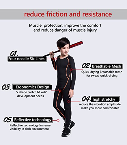 EU Boys Quick Dry Compression Baselayer Pants Hockey Long Sleeve Underlayer Shirts Stretch Sports Leggings Tights Black Orange Size 14