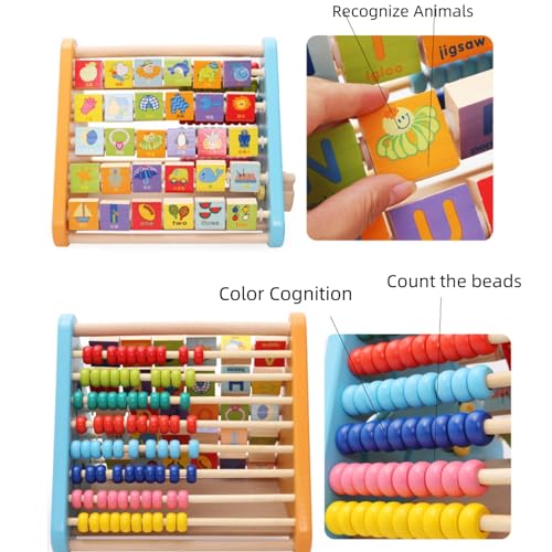 AM ANNA Activity Centre Triangle Toys, 5 in 1 Wooden Cube for Toddlers With Flop Alphabet Blocks, Abacus Clock - Montessori Learning Toys for Babies