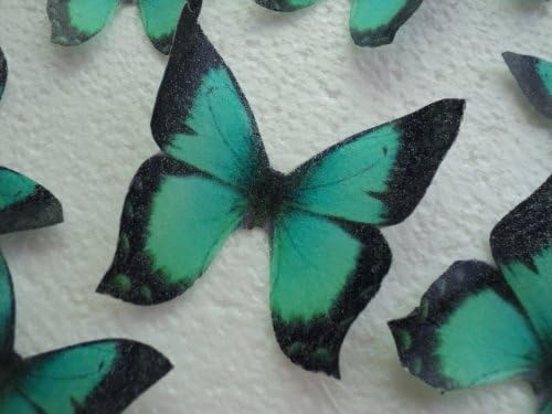12 Edible Butterflies Teal Aqua Green &amp; Black Color in 3 Different Sizes Wedding Birthday Cakes Cupcakes Garnish