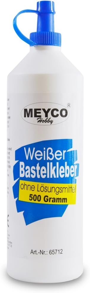 Meyco weißer Bastelkleber 500 g - trocknet transparent - ohne Lösungsmittel - für Textil, Holz, Filz, Papier - Universalkleber mit Dosierspitze