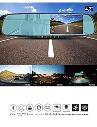 Retrovisor Espejo Dash Cam por OK AUTOEYE   Full HD 1080P Doble canal Parte delantera y trasera DVR para automóvil con lente gran angular compatible con visión nocturna y pantalla antirreflejos HD de 4.3 "  Sensor de colisión y modo de estacionamient
