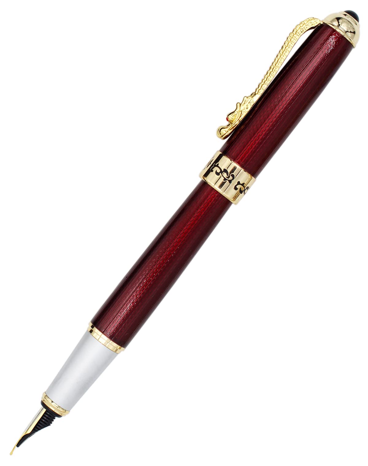 Gullor Fountain Pen with Ink Converter, Golden Dragon Clip, Executive Pen for Smooth Writing, Fine Nib, Red