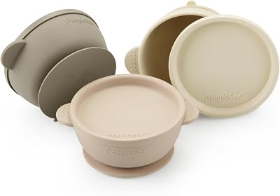 PandaEar 3 Pack Silicone Baby Bowls with Suction Lids Linen Brown Tan