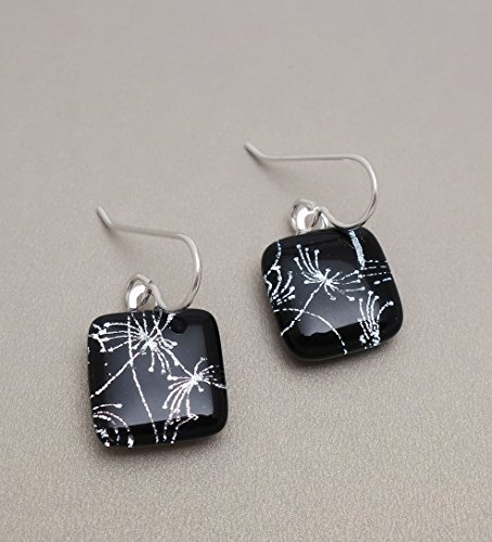 Petite fireworks sparklers silver black fused dichroic glass dangle earrings .925 Sterling ear wires - Thumbnail 2