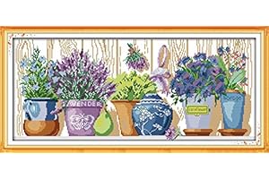 Funcrostitch Cross Stitch Kits Stamped Full Range of Embroidery Set,DIY Sewing Pattern Needlework Kits for Beginners 11CT 3 Strands-The Pottings on The Windowsill (1) 72cmX35cm
