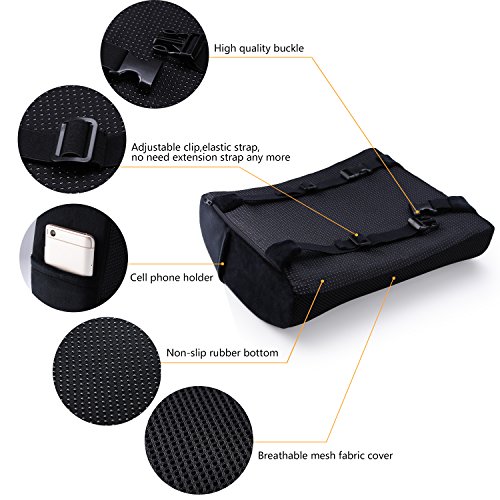High Density Memory Foam Back Cushion, Non-slip Orthopedic Lumbar Support Pillow for Low Back Pain Relief, 2 Adjustable Straps for Car or Office Chair, Black