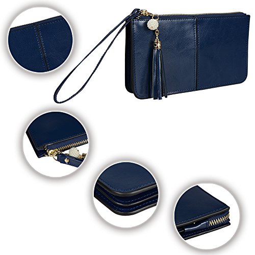 Lovena Soft Leather Wristlet Smartphone Zipper Wallet Tassel Wristlet - Fit iPhone X/iPhone 8/7Plus Samsung Note 8/5- Navy Blue - Thumbnail 2