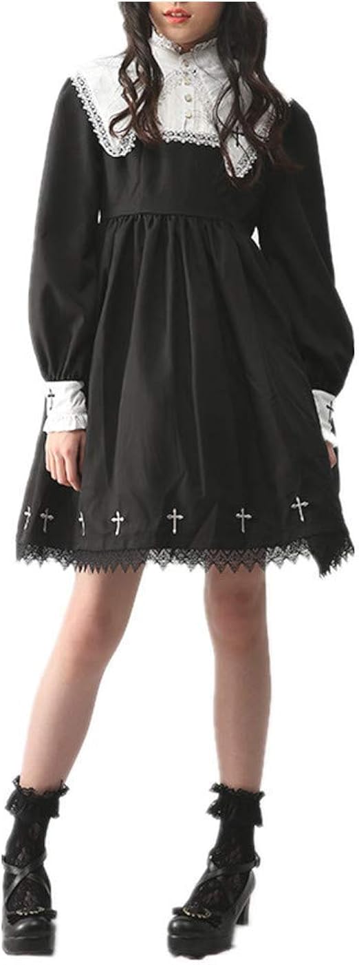 Amazon Soufflsong レディース ブラック 黒十字ミニワンピース Aライン 長袖 ワンピース 黒 ロリータ ゴスロリ ゴシック クリスマス ミニ わんぴ ワンピース チュニック 通販