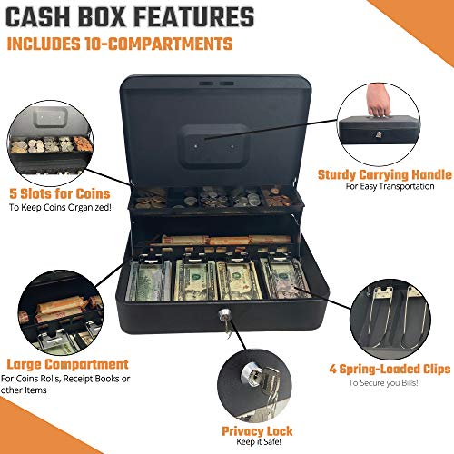 Cash Box with Money Tray and Lock - Safe Money Box Bundle Includes 100 Coin Wrappers - Secure Locking Cash Lock Box for Bills, Coins and Checks, Made by Budgetizer