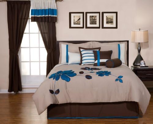 8 Pieces Oversize Blue and Brown Flower Comforter/bed-in-a-bag Set King Size Bedding