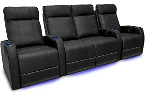 VALENCIA THEATER SEATING Valencia Syracuse Home Theater Seating | Premium Top Grain Nappa 9000 Leather, Power Recliner, LED Lighting (Row of 4 Loveseat Center, Black)