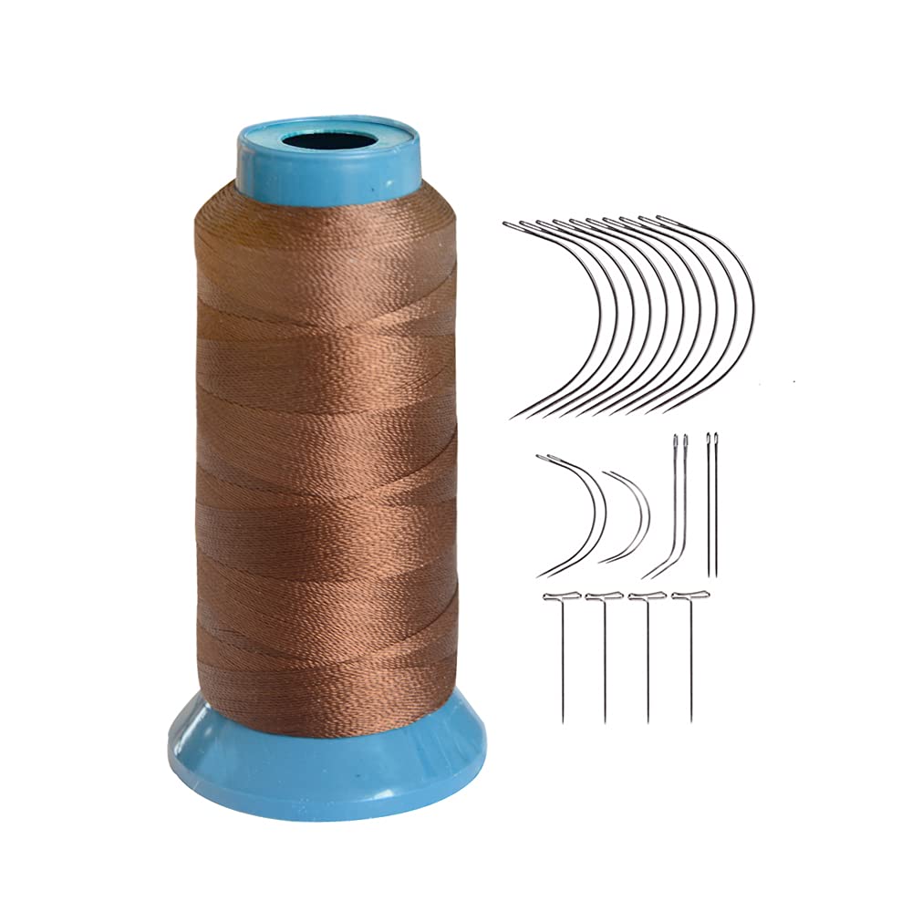 Bonded Sewing Thread Polyester Weaving Thread 1200 Yards 250D with 12pcs 9cm C Type Needles Curved Hair Needles（Brown）