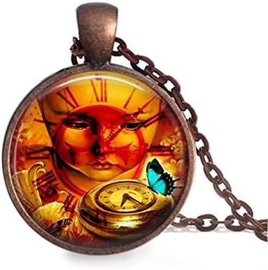 Teal ButterflyPendant Steampunk Necklace Round Handmade Jewelry