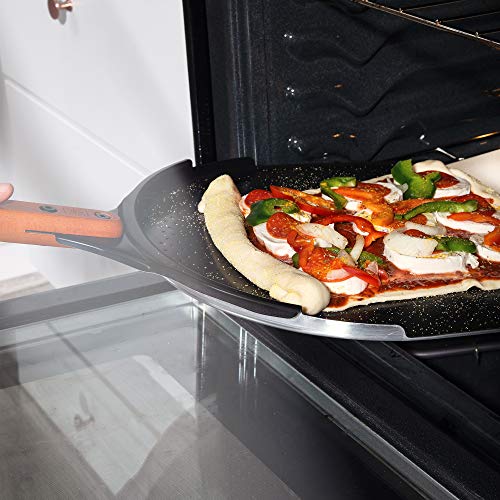 The Ultimate Aluminum Pizza Peel. 14 inch Paddle with a Smooth Ceramic Coating, 10 inch Wood Handle. Large & Lightweight, Use this Metal Spatula for Baking Pizzas and Breads on Oven & Grill