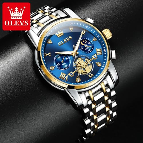 OLEVS Men Silver Watches,Men's Stainless Steel Chronograph Watch,Man Analog Quartz Big Face Male Watches Luxury Waterproof Roman Numeral Dress Diamond Relojes para Hombre