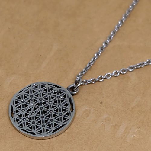 Classic Flower of Life Hexagon Sacred Pewter Pendant + 16-18 inch. long Pewter Necklace Lobster Clap Lock