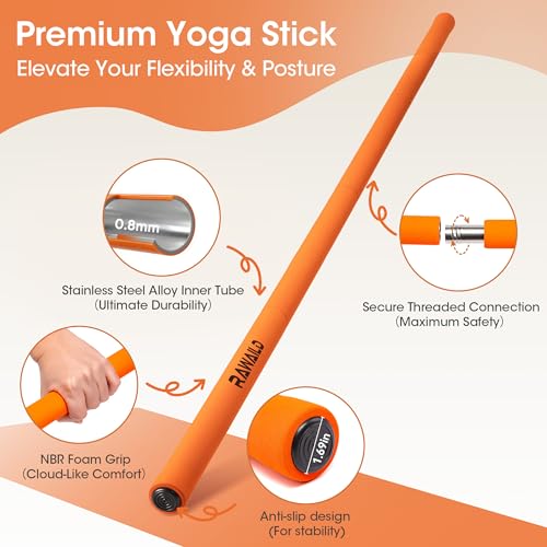 RAWAILD Yoga Stick, Upgraded 5ft Sturdy Steel Mobility Stick, Adjustable Exercise Equipment for Stretching, Flexibility & Balance, Physical Therapy & Posture Correction, Shoulder & Back Relaxation