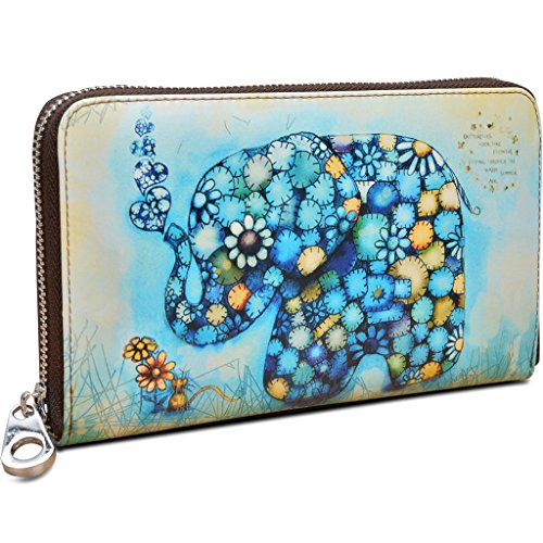 YALUXE Women's Elephant Print Large Genuine Leather Zipper Wallet Coin Case Phone Checkbook Card Holder Blue