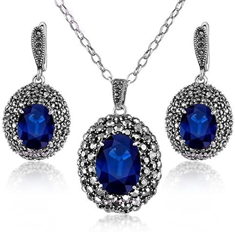 Blazers Jewelry 1985 - Set of Antique Eternity Love - Round Pendant Cubic Zirconia Necklace and Earrings Silver Alloy Party Costume in Blazers Street Style