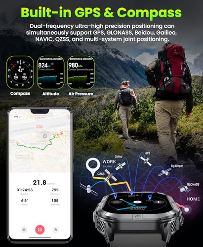 Military Smart Watch for Men, Rugged GPS Watch with LED Flashlight Compass, 2.13" AMOLED Smart Watches(Answer/Dial Calls), 3ATM Waterproof Fitness Tracker with Heart Rate/Sleep for iPhone (Black)