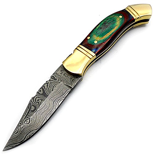 Best Multi Color Wood Brass Double Bloster 7.5'' Handmade Damascus Steel Folding Pocket Knife With Back lock Top Quality