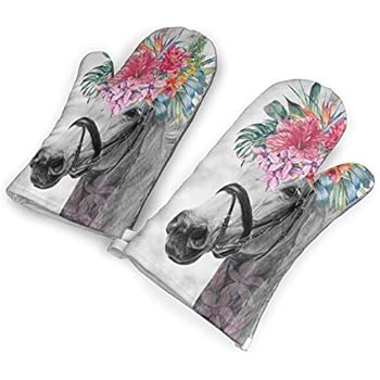 Horse with Flower Oven Mitts,Professional Heat Resistant Microwave Oven Insulation Thickening Gloves Baking Pot Mittens Soft Inner Lining Kitchen Cooking