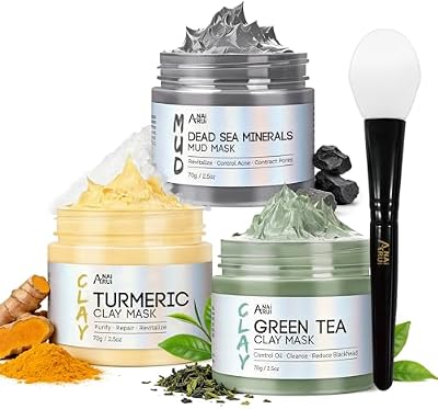 Kurkuma Gesichtsmaske - Grüner Tee Ton Maske - Totes Meer Mineralien Schlamm Masken, Spa Gesichtsmasken Set für Tiefenreinigung, Entgiftung, Akne und Mitesser, 210 g