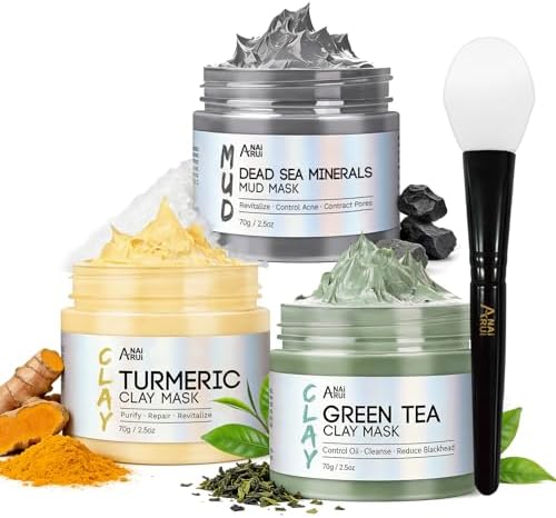 Kurkuma Gesichtsmaske - Grüner Tee Ton Maske - Totes Meer Mineralien Schlamm Masken, Spa Gesichtsmasken Set für Tiefenreinigung, Entgiftung, Akne und Mitesser, 210 g