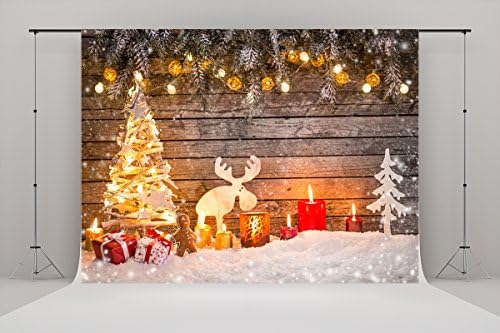 7X5ft (220cmX150cm)Wood Wall Christmas Photo Backdrop Snow Wood Christmas Tree Candle Background Photography for Parties