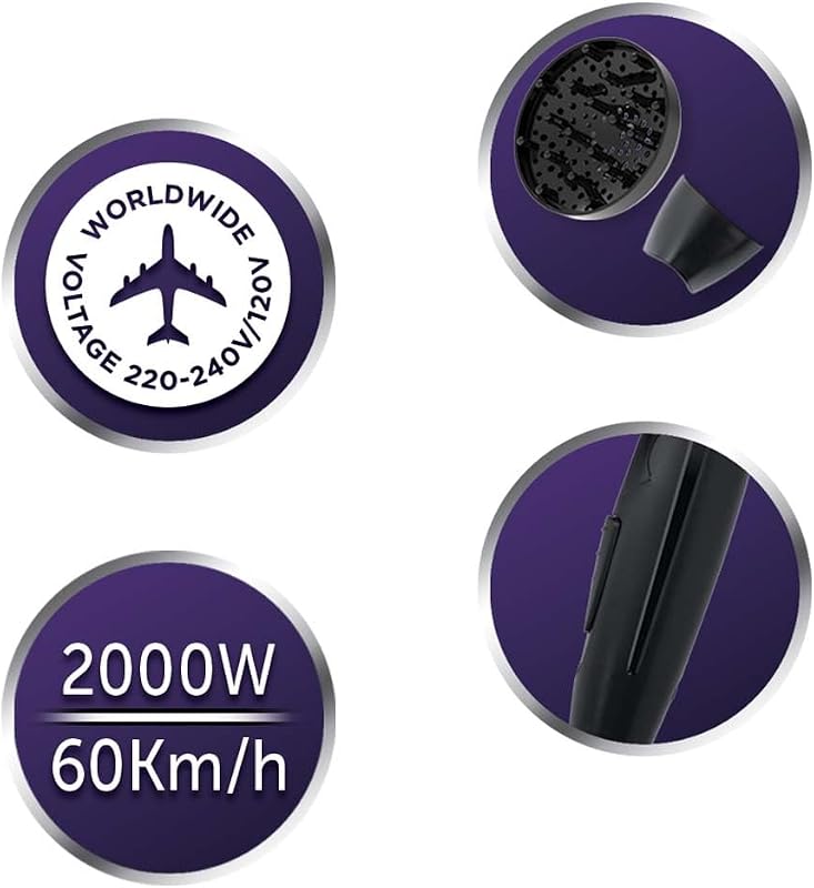Haartrockner [klein & klappbar & leistungsstark] On The Go (2000 W, weltweite Spannungsanpassung 120/220-240V, Stylingdüse & Diffusor, 2 Kombi-Heiz- & Gebläsestufen) Reisehaartrockner D1500