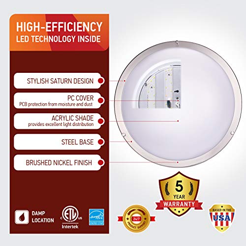 OSTWIN 18" Large Size LED Ceiling Light Fixture Flush Mount, Dimmable, Round 28 Watt (180W Repl.) 5000K Daylight, 1960 Lm, Nickel Finish with Acrylic Shade ETL and Energy Star Listed