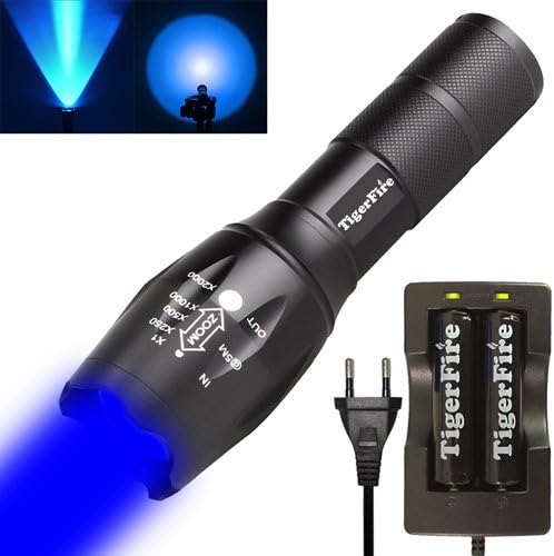 TigerFire 500 Lumen Tactical Flashlight - CREE XP-G R5 LED, 5 Modes, Adjustable Focus, Water Resistant, Two 18650 Rechargeable Batteries and Dual Charger Included - Blue Light