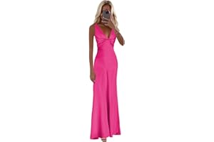 Vnaix Bridals Satin Prom Dresses for Women V-Neck Halter Ruched Long Formal Wedding Guest Dress