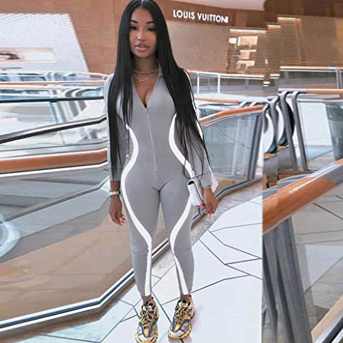 iYBUIA Women Yoga Fitness Motion Workout Reflective Patchwork Long Sleeve Tight Jumpsuit Zipper Slim S-L Gray - Thumbnail 3