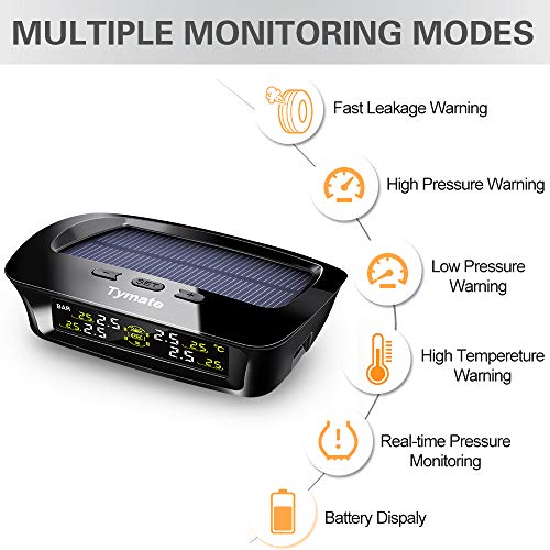 Tymate TPMS Solar Power with HD LCD Screen- Real-time Displays 4 Tires' Pressure, Temperature (-40℃~80℃)- Wireless Tire Pressure Monitoring System with 4pcs External Sensors (0-6.0 BAR)- 6 Alarm Modes