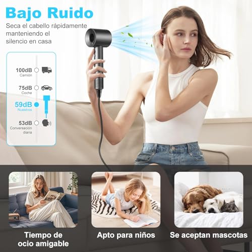 Secadora de Cabello con 1000M de Iones Negativos,Motor de 130,000 RPM para Secado Rápido,Incluye 5 Difusores para Cabello Rizado, Solo 45-50dB,Kit Completo con Soporte de Pared y Base(Gris)